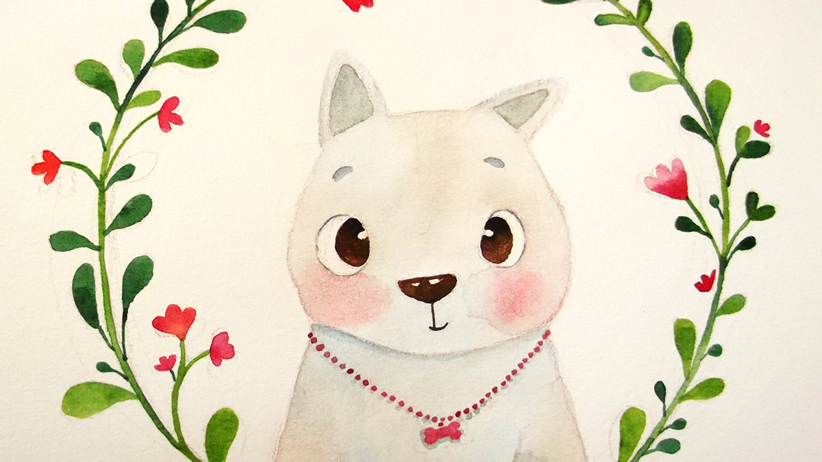 water color paint dog flower cute sweet