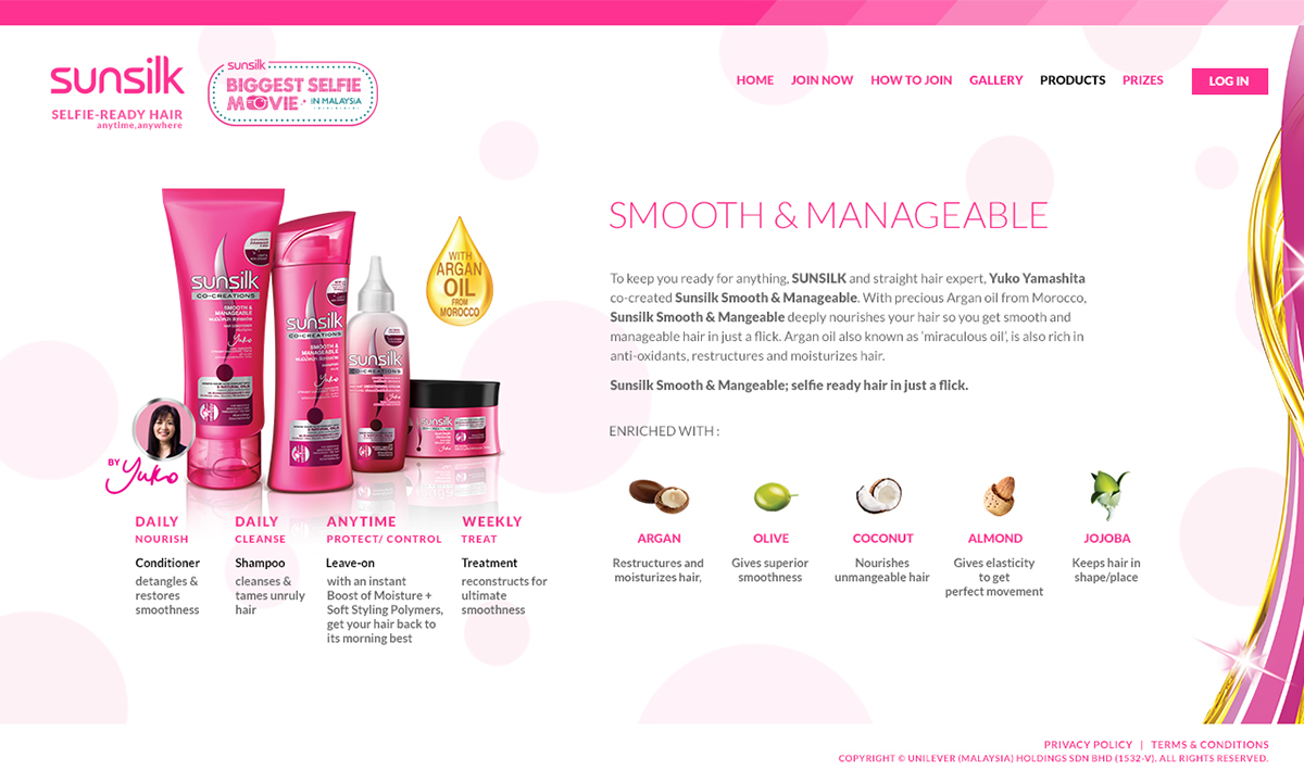 Sunsilk biggest selfie movie pink shampoo campaign Website design user interface