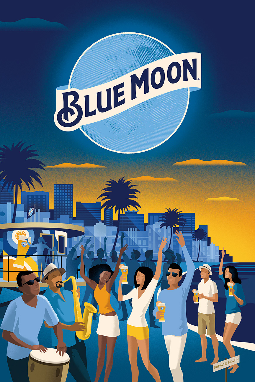 A retro style travel poster created for Miller Coors Blue Moon Beer. 