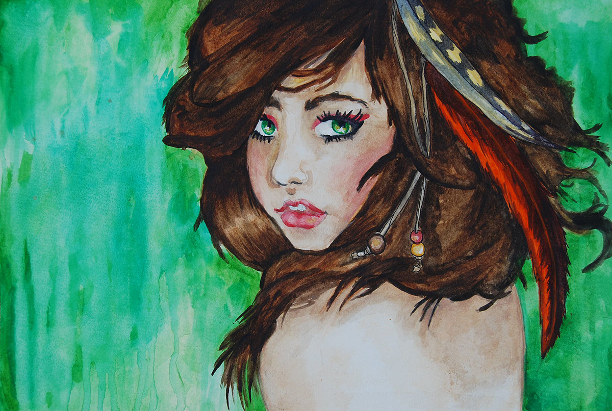 watercolor feather girl green