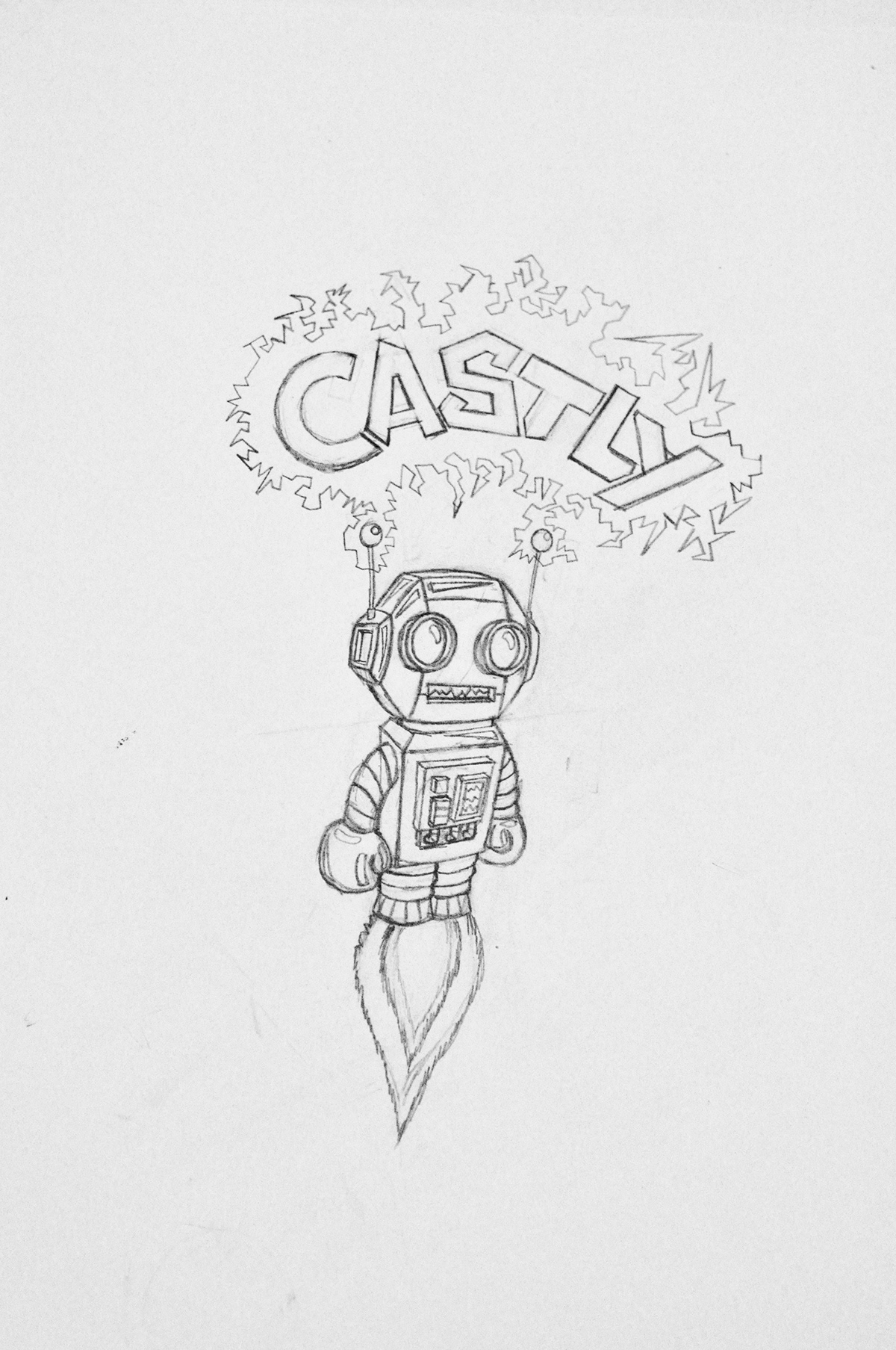 Castly album cover School assignment robot Flying black and white Retro electic vector sketch Julius Valdimarsson juliuvald