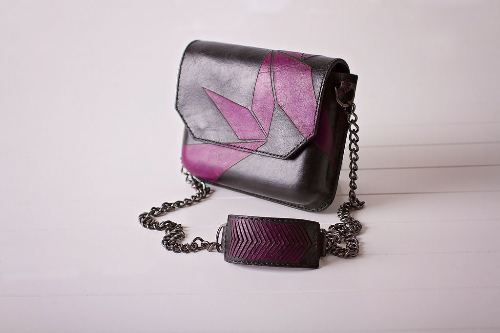 handbag bag Technology Lasercut laseretch leather dyeing paint accessories design black chain gunmetal Illustrator handmade