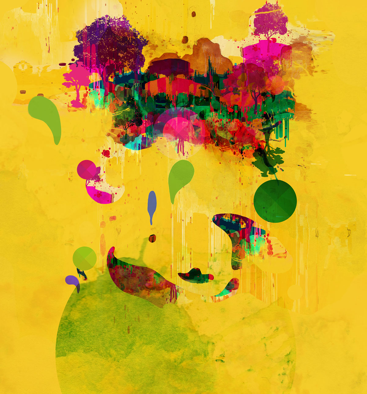 organic Muid Latif colors vibrant yellow forest Deforestation Nature watercolor texture
