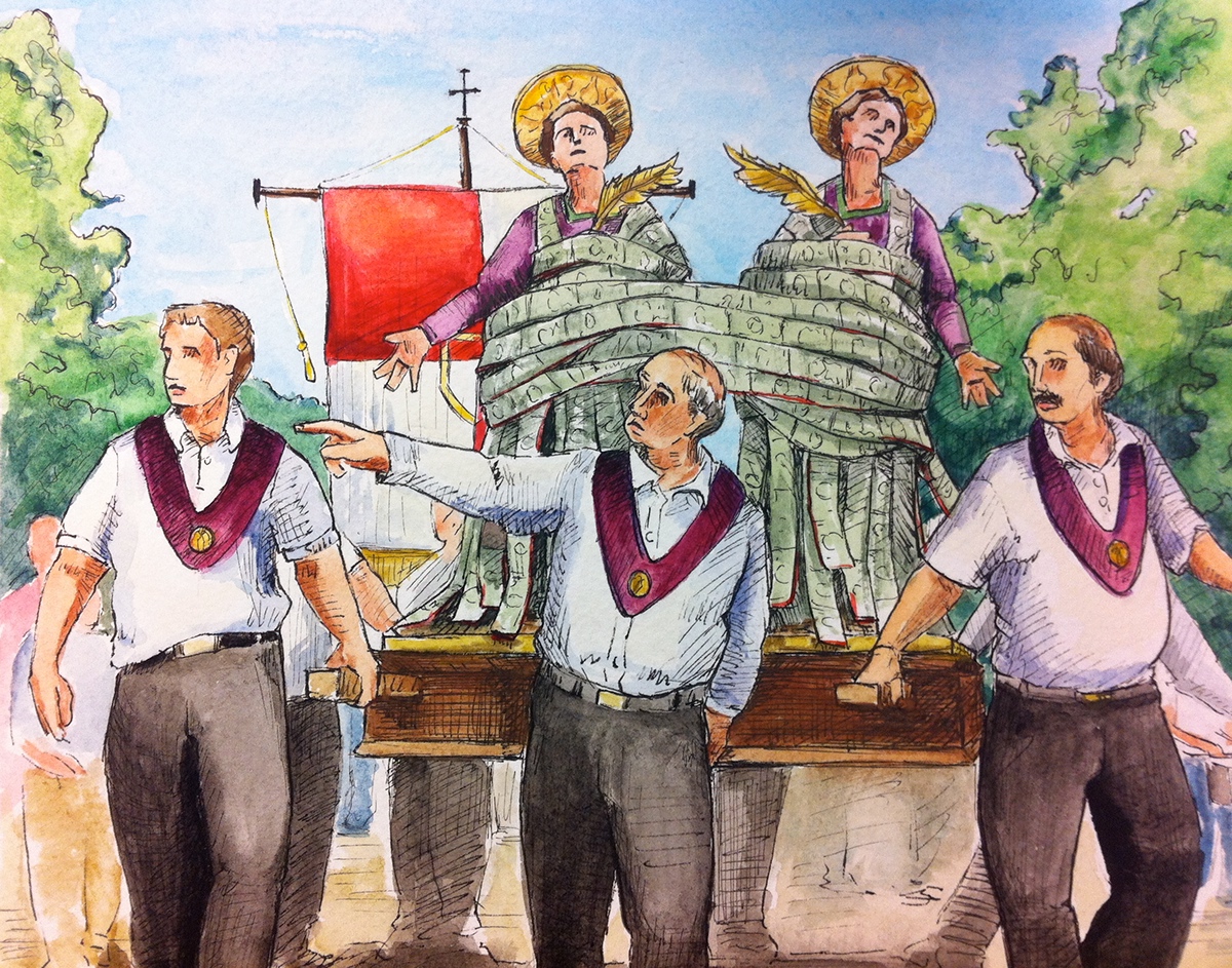 watercolor  painting  drawing  ink  religous  italian  saints  madonna  procession  parade capirchio