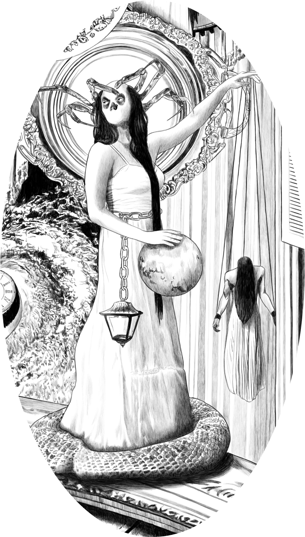 Drawing  surrealism black and white mythology religion ninfa Justice alberto matsumura hipersurrealística universe