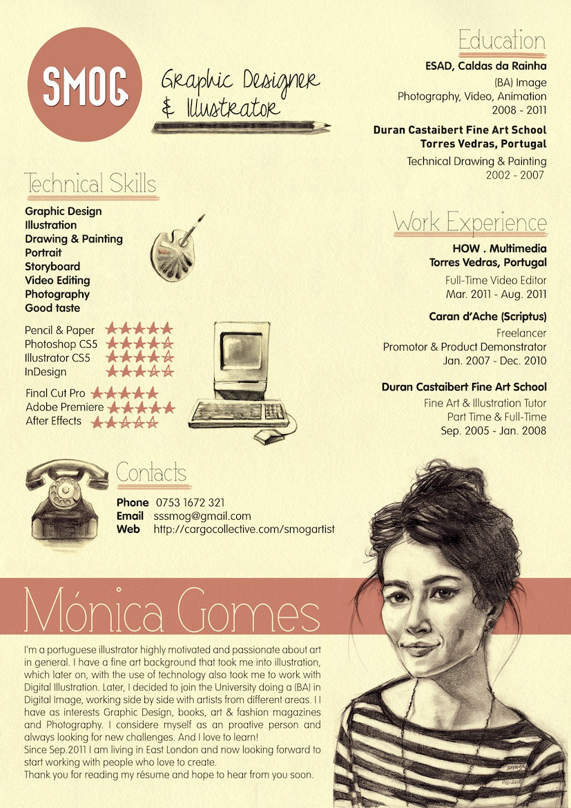 CV curriculum smog monica gomes art Illustrator Original vintage objects portrait self-portrait creative CV Editorial Illustration Magazine illustration magazine