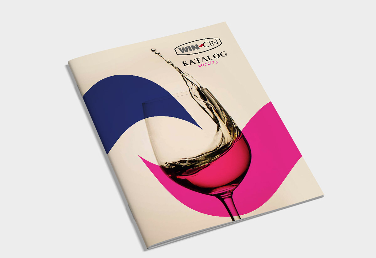 Layout katalogu firmy Win-Cin, specjalizującej się w imporcie i dystrybucji win i innych alkoholi.