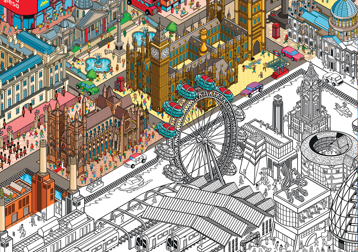 seek and find London Isometric Where's Waldo where's wally england rod hunt IC4Design cityscape detail
