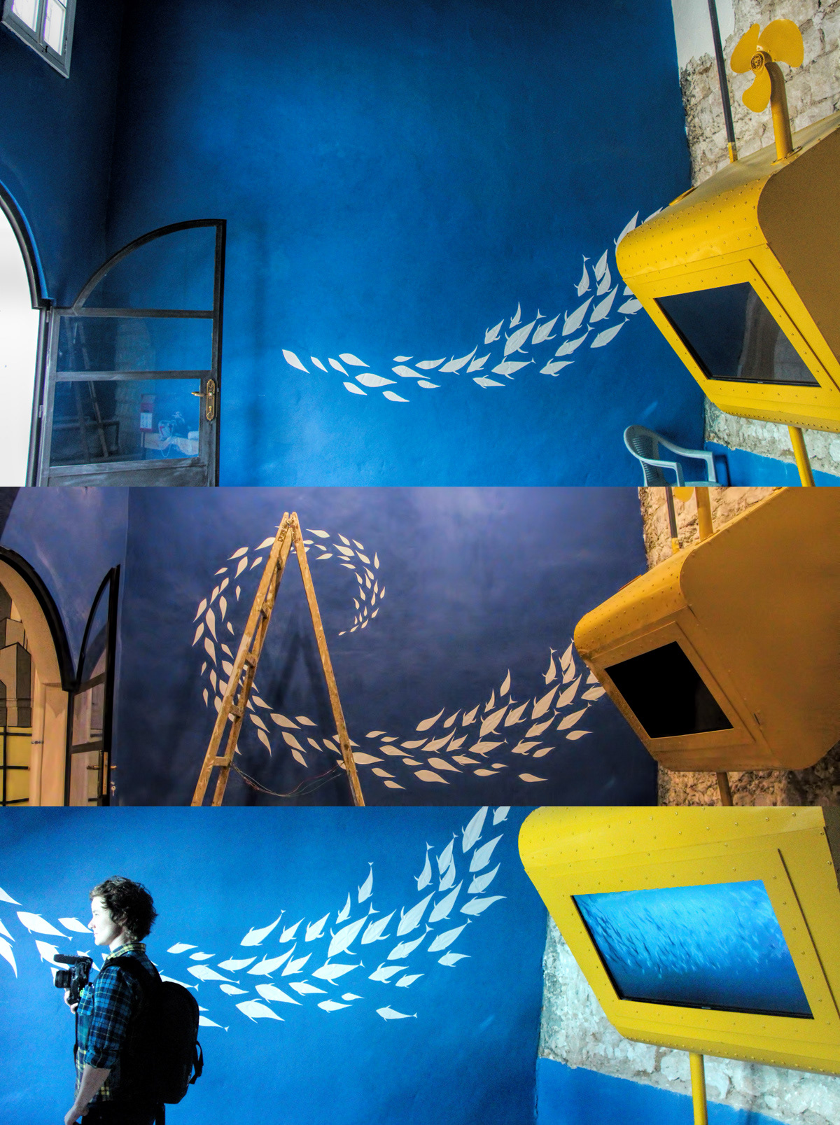 installation lamp shade enrivonment recycle art sea jelly fish wall painting Workshop children jordan