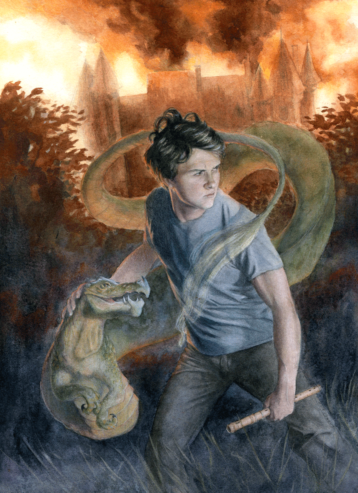 acrylic watercolor pencil dragon storytelling   book cover Dragon Tamer boy flute Silkwood Magic  