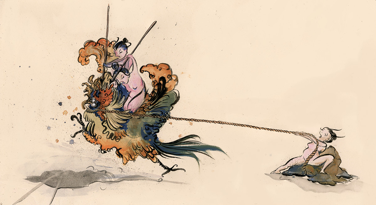 japanese ink ILLUSTRATION  mythical myth Japanese myth Rooster slaying childrens illustustration