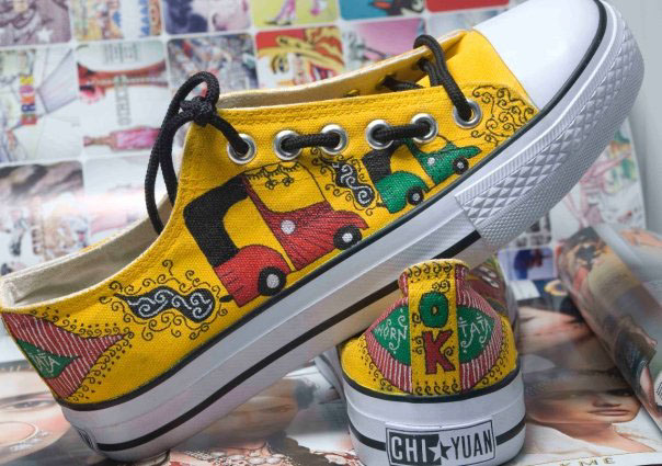 Hand Painted custom made designer sneakers one-of-a-kind painted shoes Indian Design Colourful  Auto Hannah Montana Patterns Childrens' illustration twilight imaginary friends vivid colours