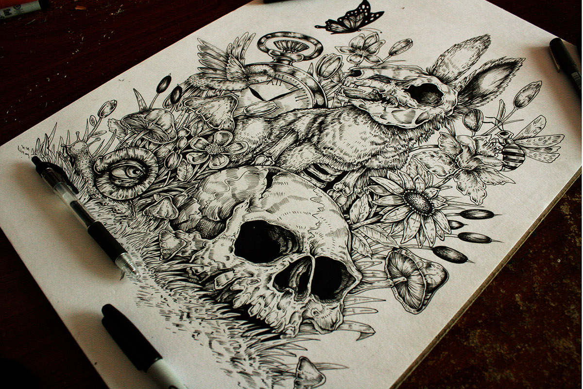 alice wonderland black and white doodles rabbit skulls animals Flowers ink