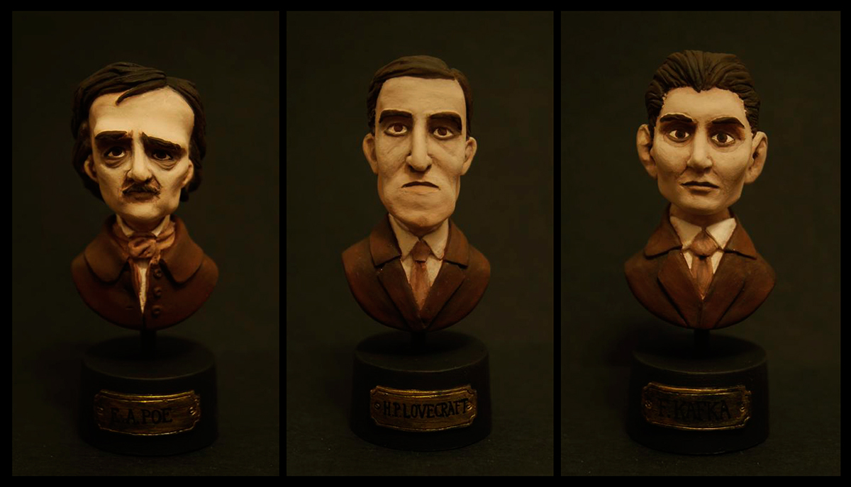 Bustos escritores edgard allan Poe h.p.lovecraft Franz Kafka literatura esculturas modelado caricaturas retrato