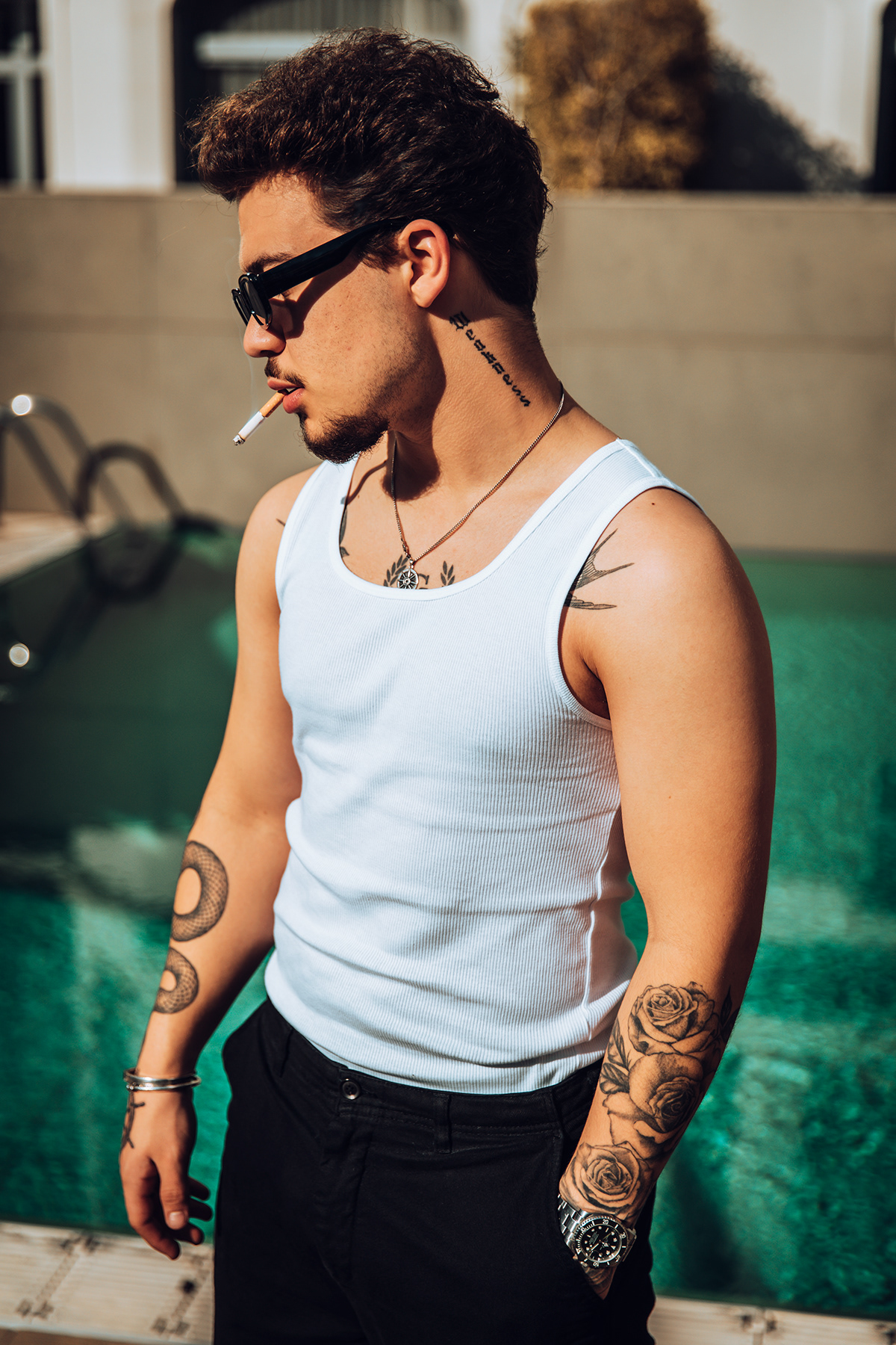 cigarette face Fashion  model person portrait smoking Sunglasses tattoo Tattooed