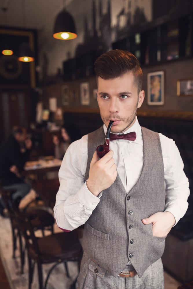 vintage caffe bar man suit vest Pipe cigar smoke bowtie old