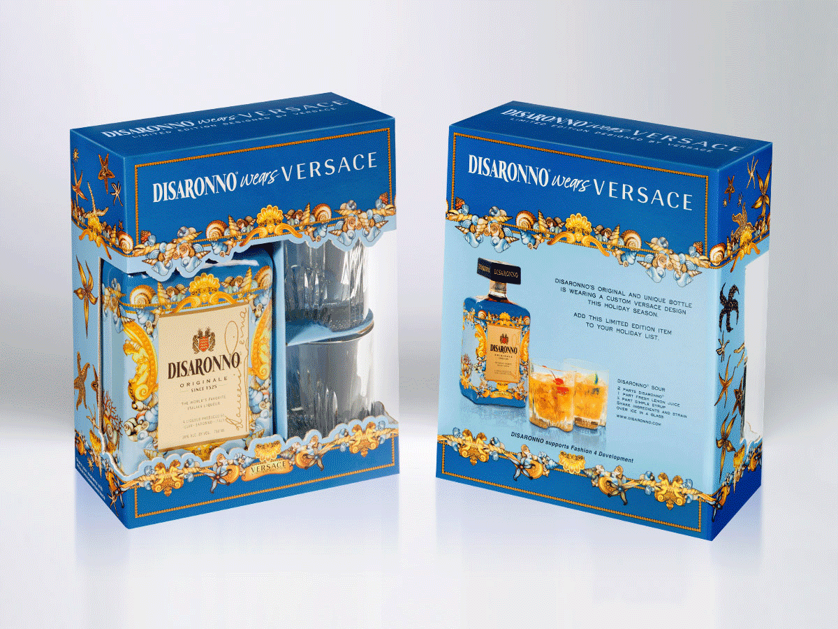 disaronno VERSACE sleeve Disaronno wears Versace special edition Packaging design Label bottle brand identity