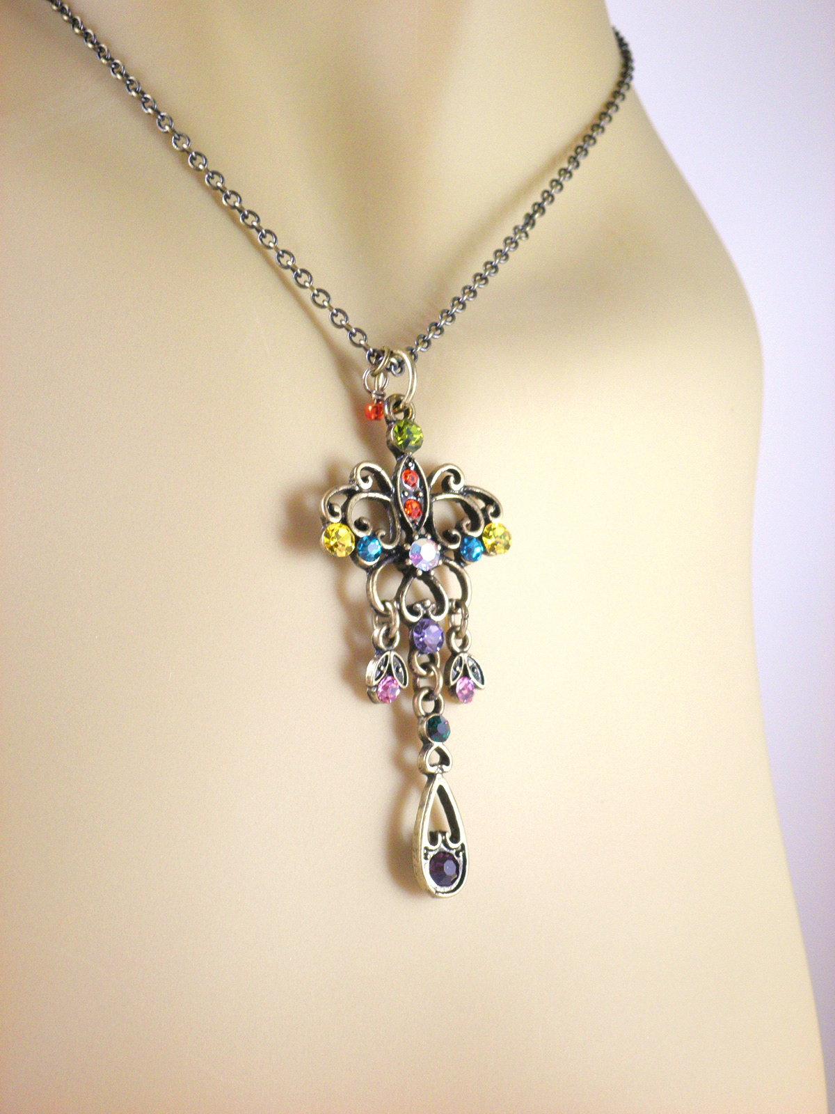 jewelry art nouveau Victorian filigree rhinestones Pendant Drop Mult-Color Necklace