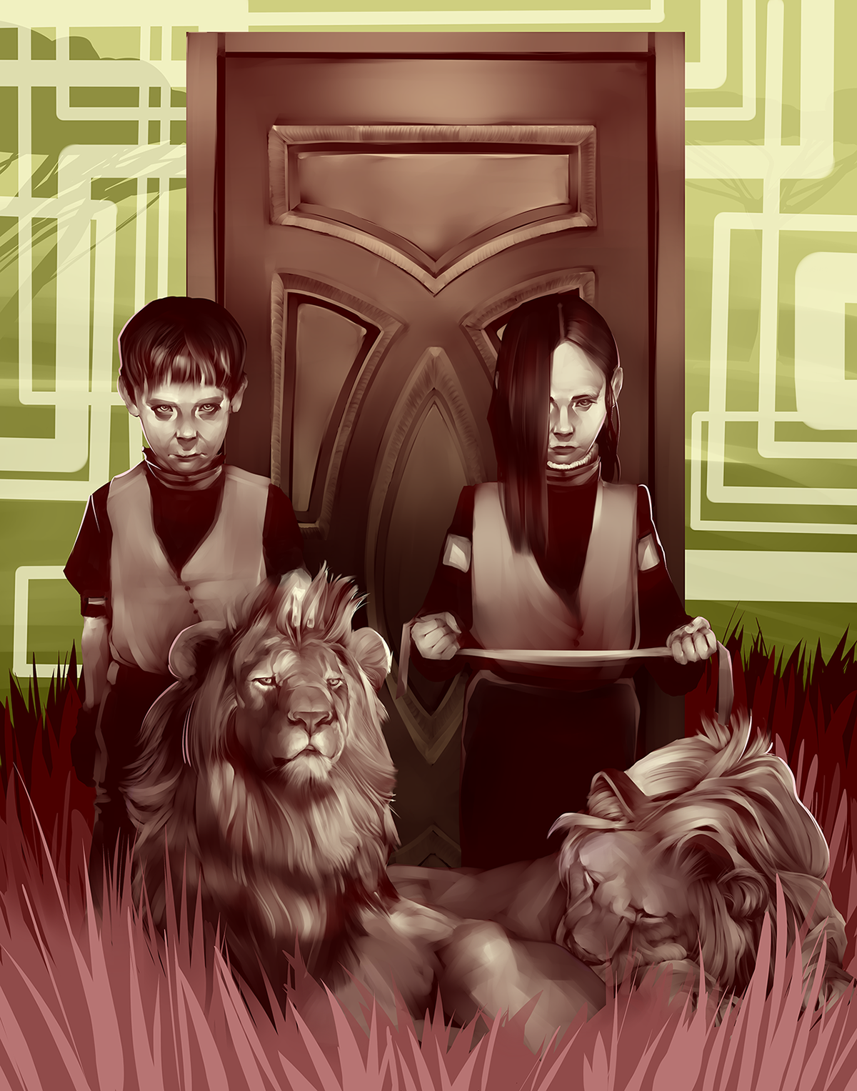 boy girl lion door africa room grass evil Young hair