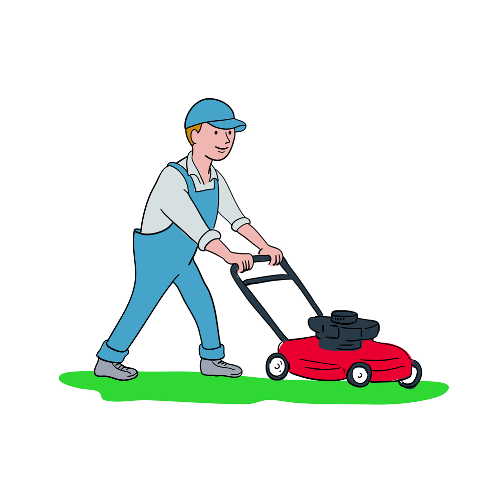 cartoon gardener mowing lawn lawnmower mower MOW caretaker groundsman man