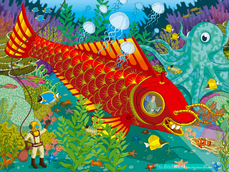 Illustrator Retro fish aquatic vector marine sea underwater submarine fantasy detail environment Technology