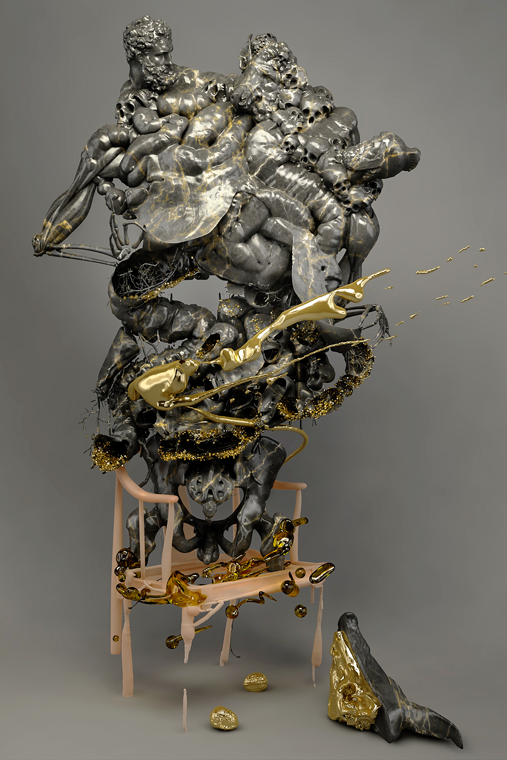 3D CGI dark digital Render 3dcoat Sculpt c4d 3D Marble gold skin acephales anarchy bataille anarchism