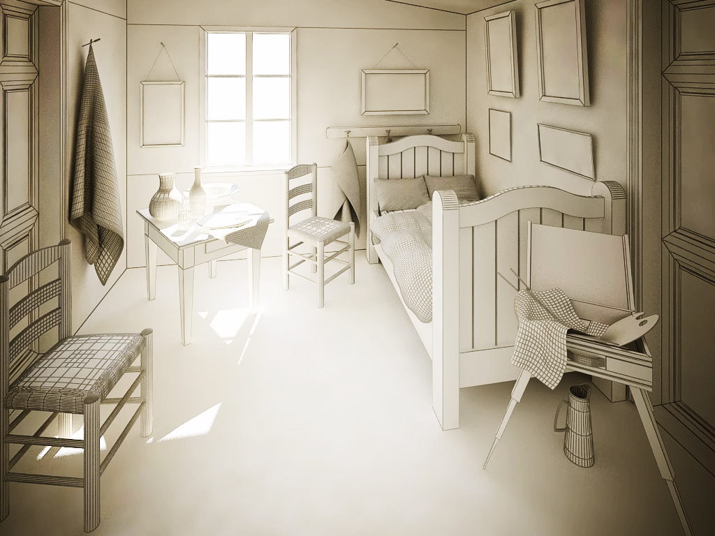 van gogh Bedroom in Arles digital reproduction CGI rendering 3d modeling