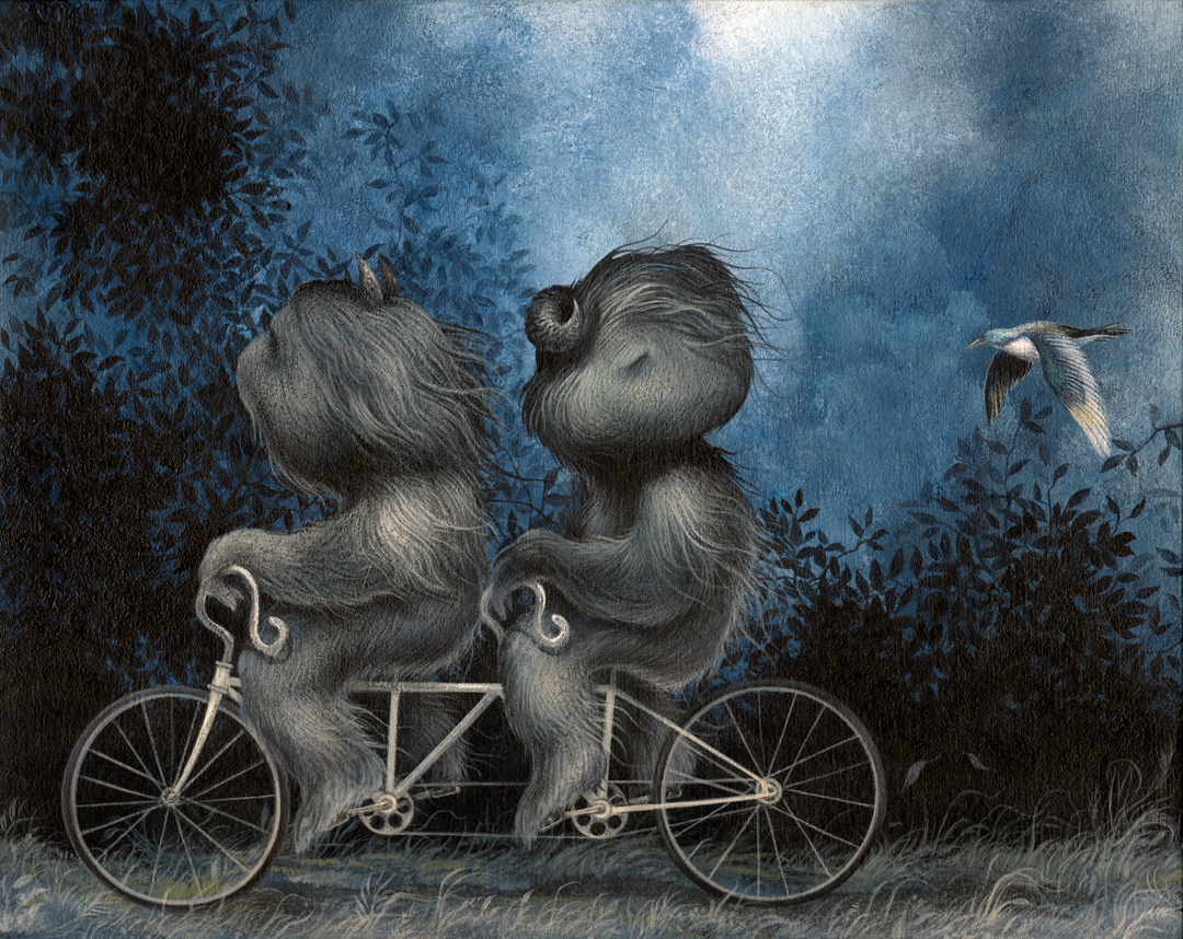gentle creatures surreal art acrylic birds owl odd hairy skull Bicycle Landscape clouds