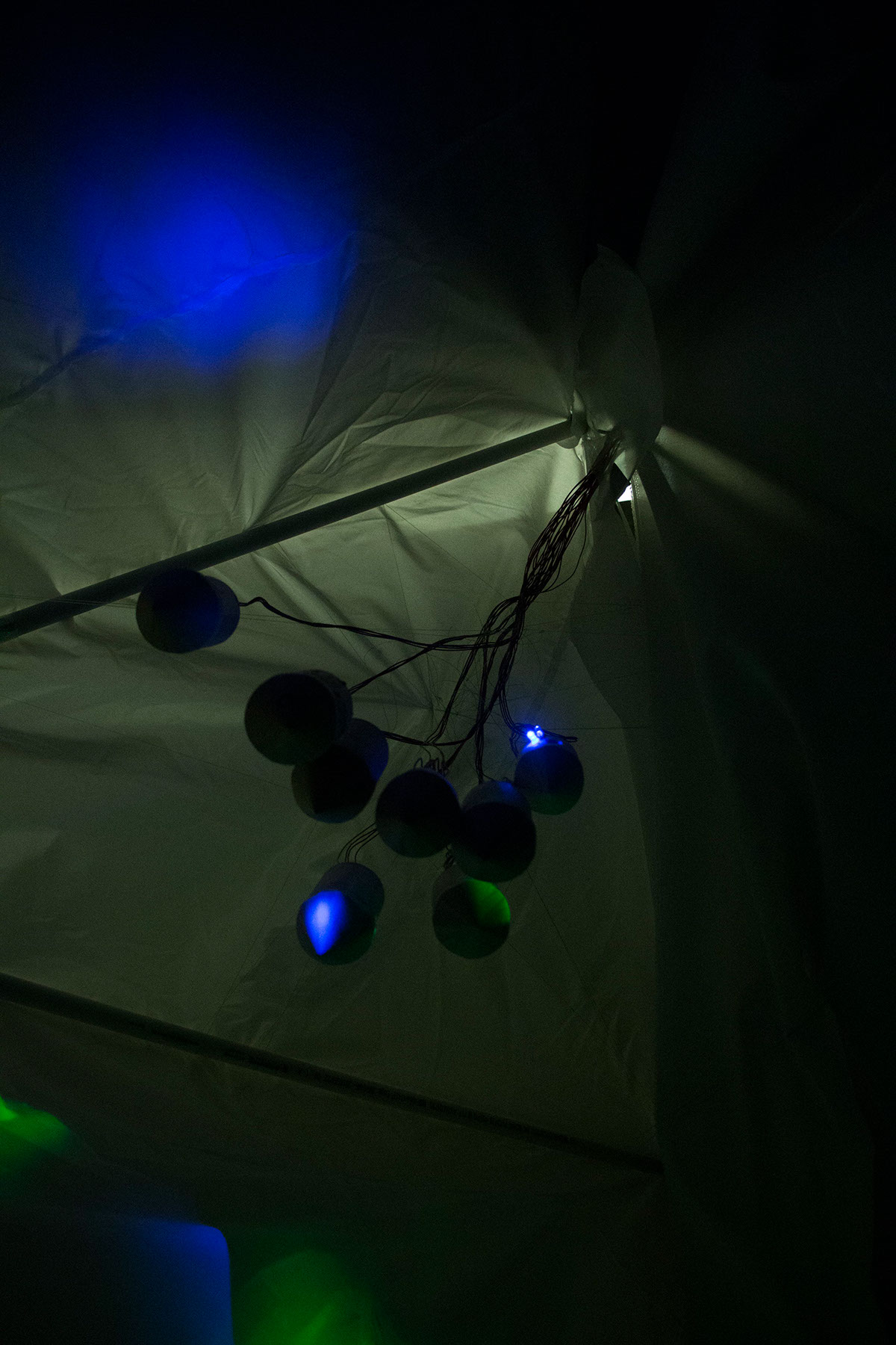 Interactive Arts Arduino led installation interactive installation cave blanket fort childhood Chimes wood chimes sound art light art breathing relaxing Space 