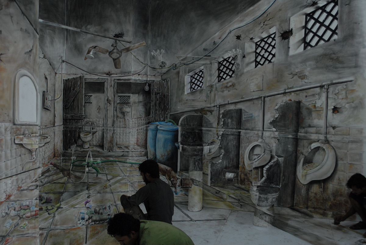 wall painting NISHKANT bajaj fans  toilet Mural handwork Charcoal work 