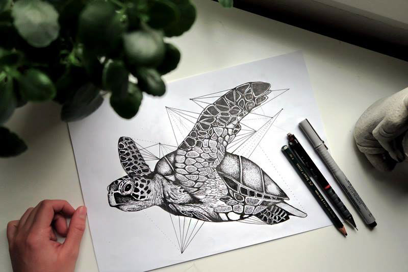 Turtle dotwork linework ink tattoo geometry geometric triangle