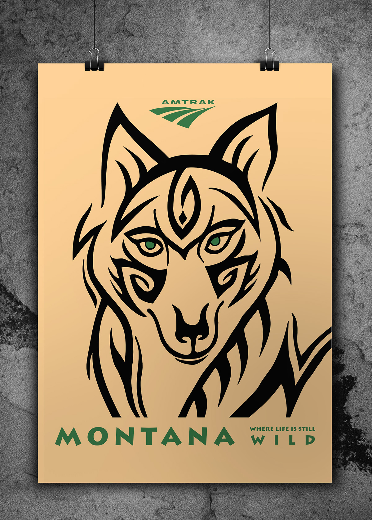 amtrak travel poster wolf tribal style art Montana