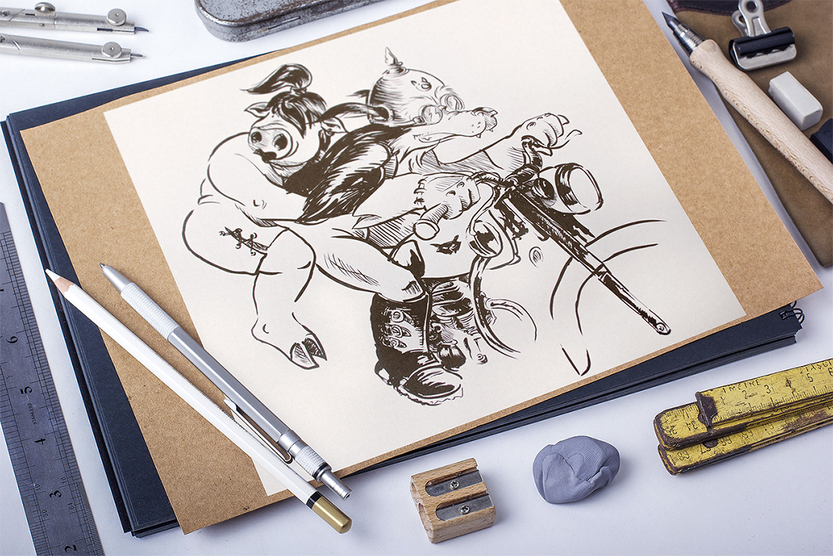 wolf pig motorbike ink hand-drawn