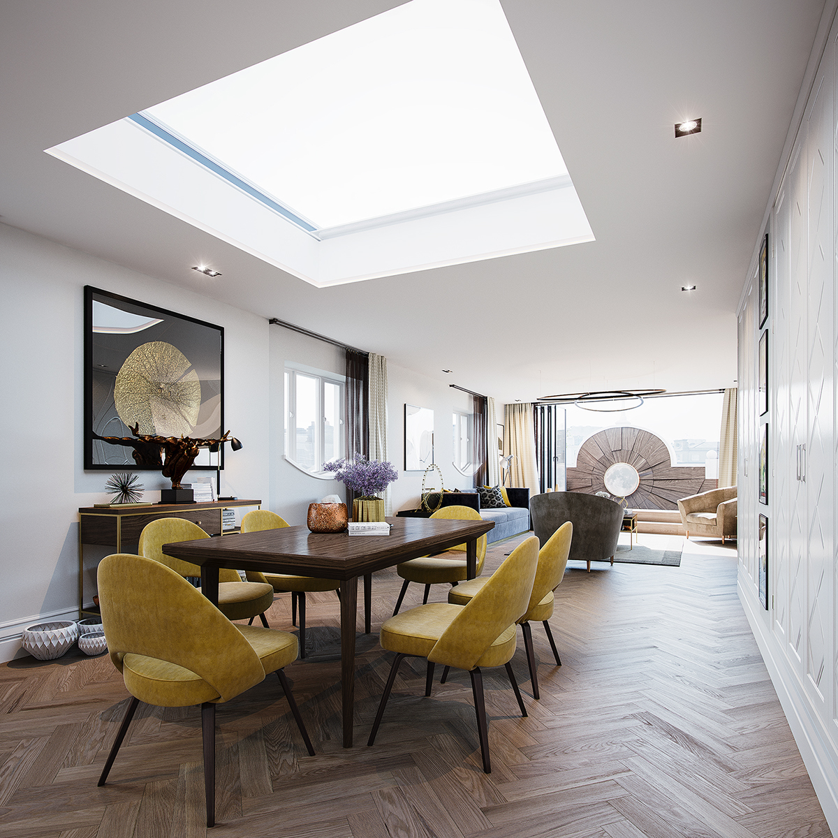 Interior living space home apartment penthouse arch-viz kitchen dining Classic modern London design idea corona 3dsmax