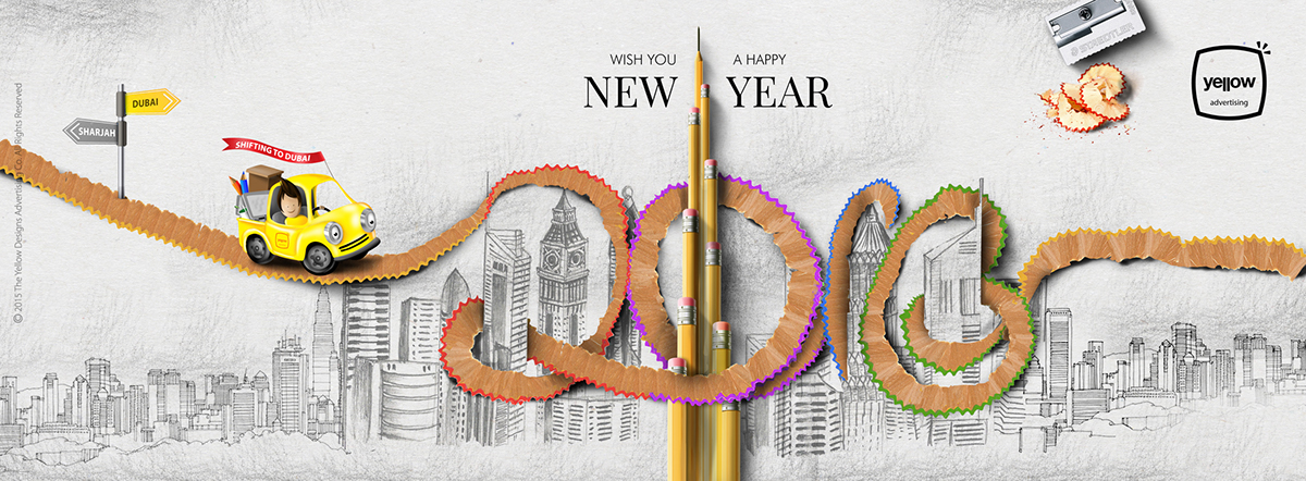 new year NewYear 2016 Burj Khalifa pencil yellow TYD journey dubai sharjah Sharjah to Dubai greetings greeting photomanipulation digital painting