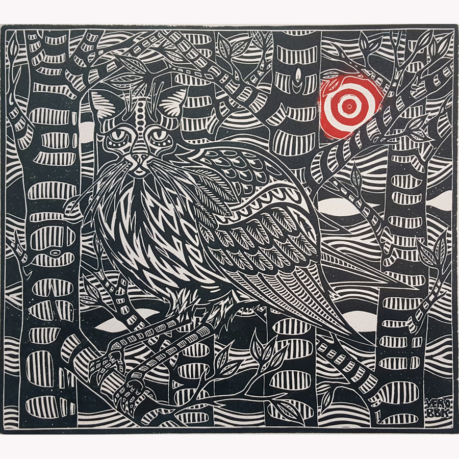 birdcat chimera fantasy owlcat printmaking