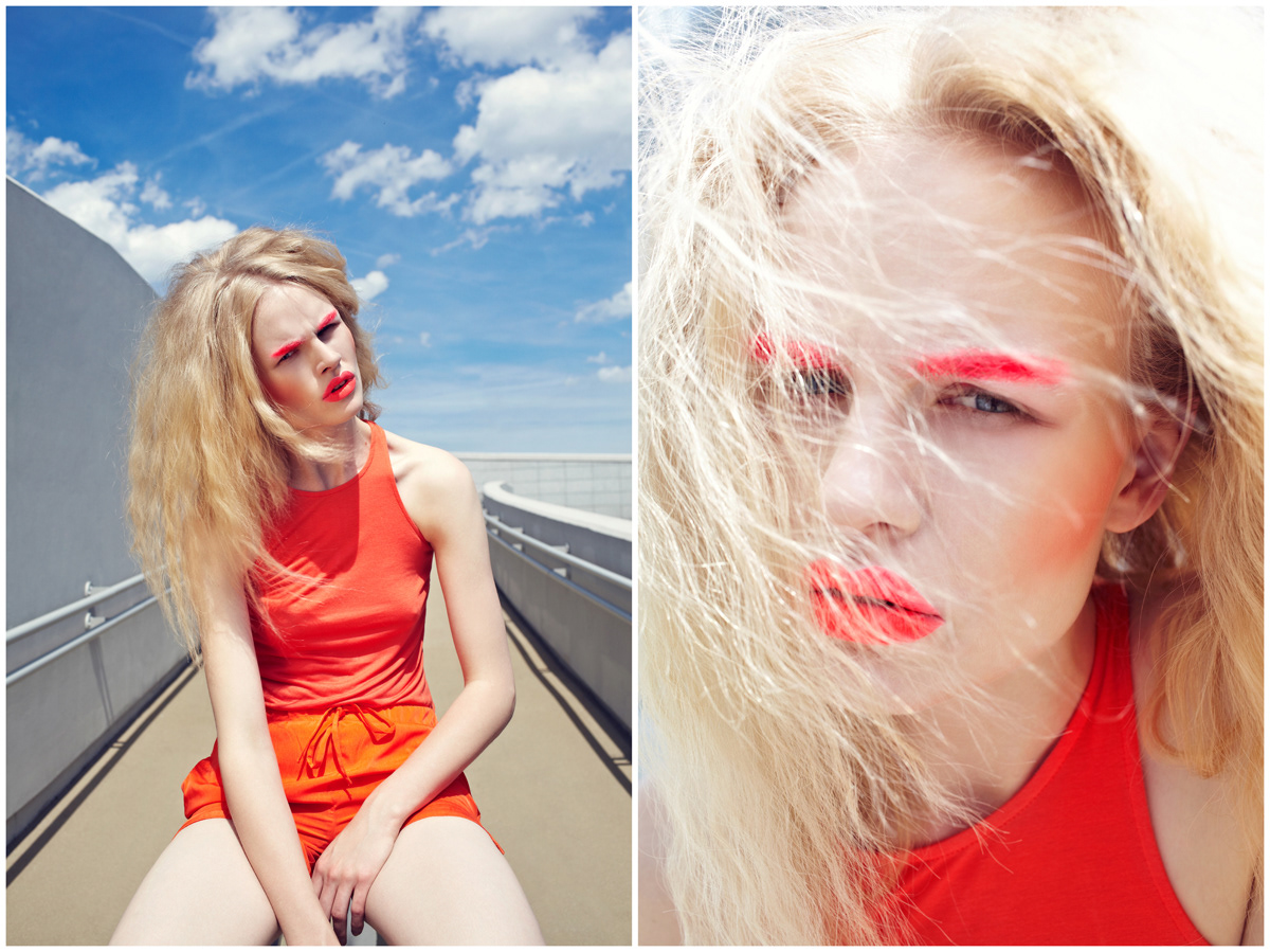 women portrait fashion styl fluo colors White orange cobalt lemon