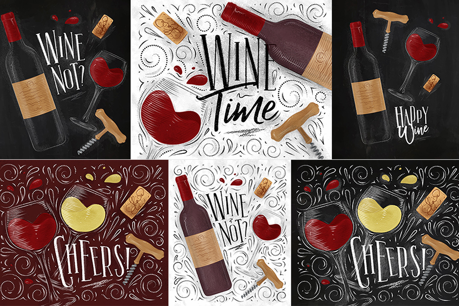 wine bottle cork corkscrew glass poster vector design Retro vintage
