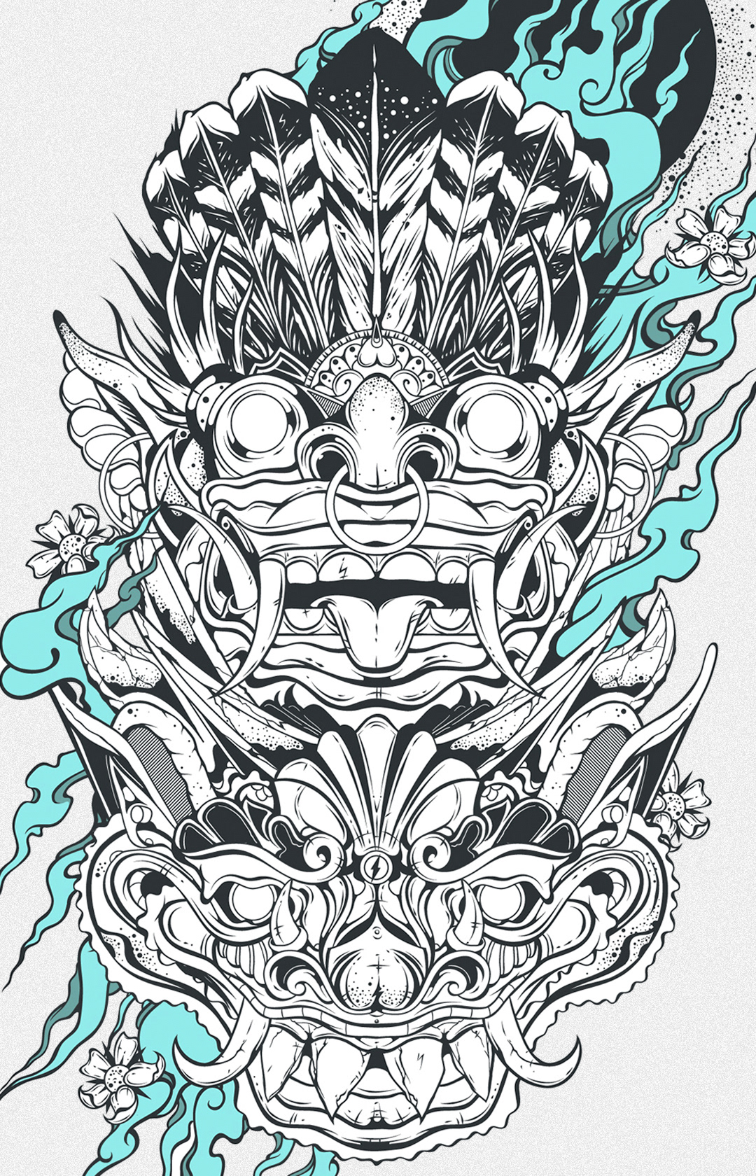 barong Ket naga mask feather head dress t shirt design SKATEBOARD DESIGN fire Flames dragon lion print design  Vector Illustration