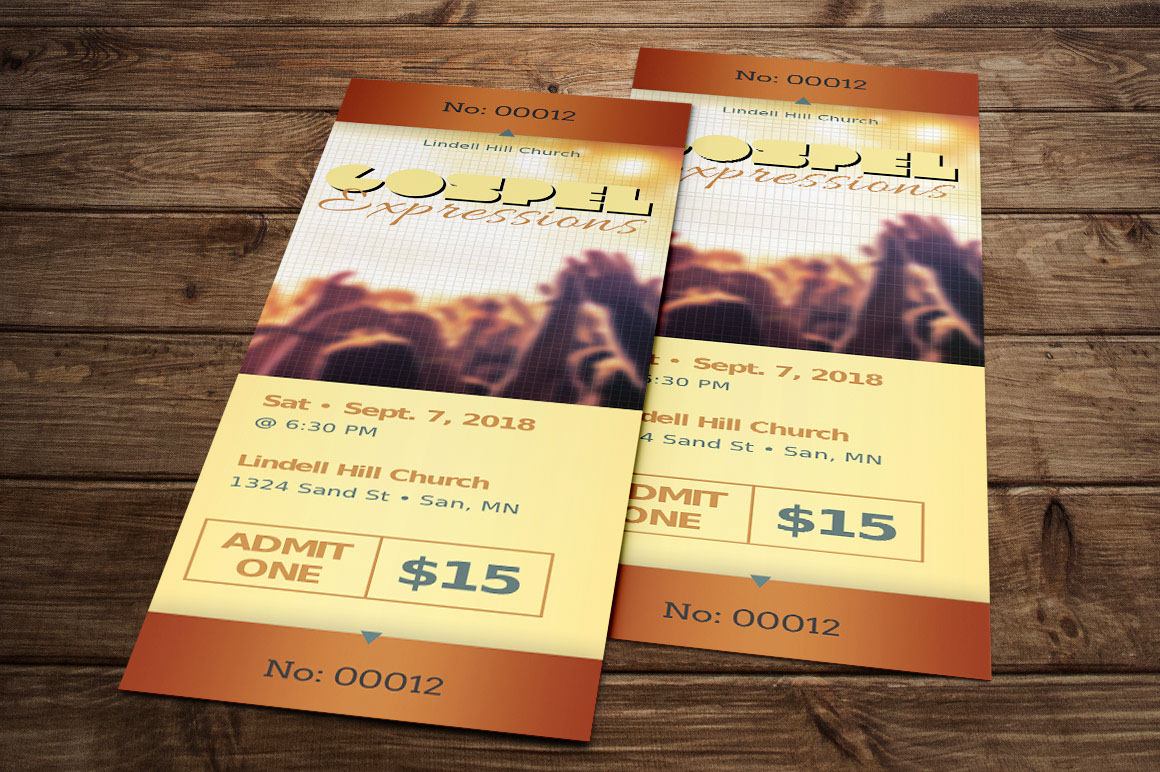 church ticket concert gospel template gold yellow brown fundraiser youth