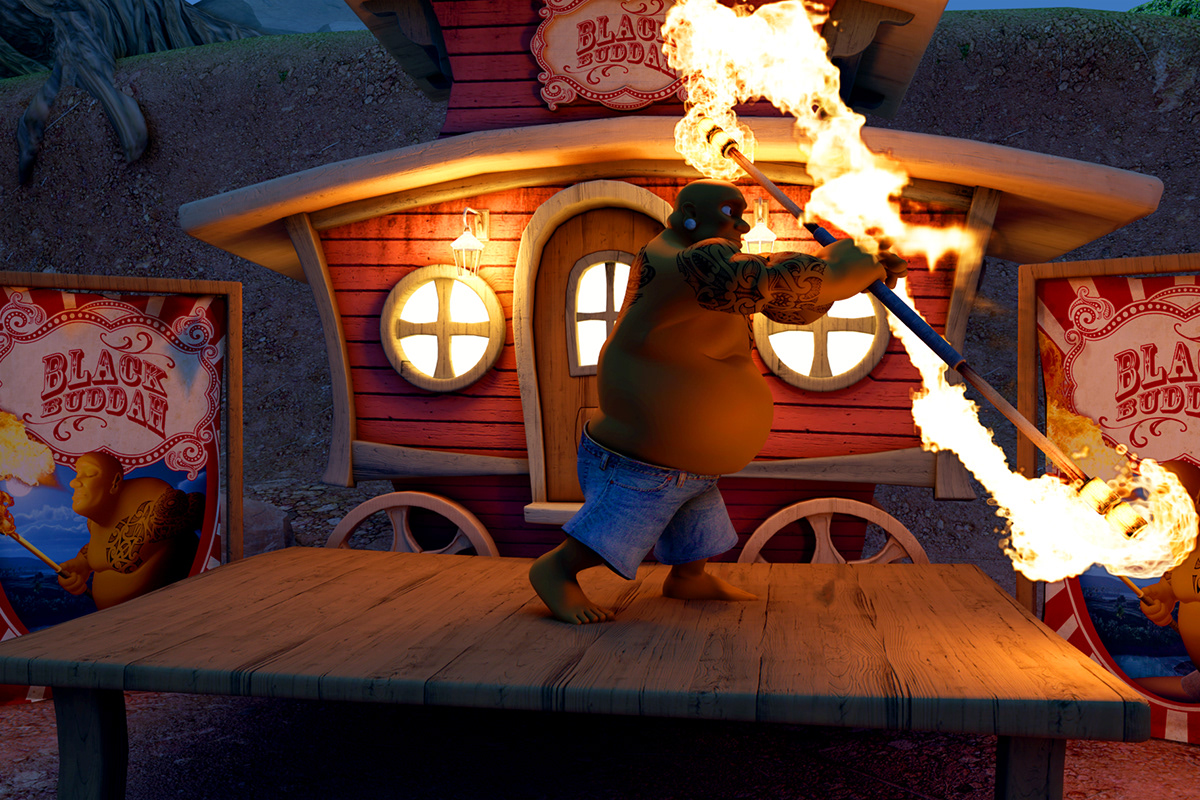 black buddah  dufa  lins  juggling 3D  animation  character cartoon  fire  longstaf  Circus  gypsy  Wagon