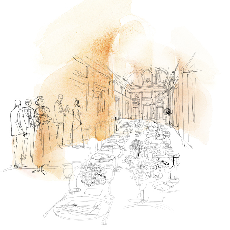 watercolor ink illustrazione acquerello acquarello nozze matrimonio persone party festa Palazzo galateo cena pranzo