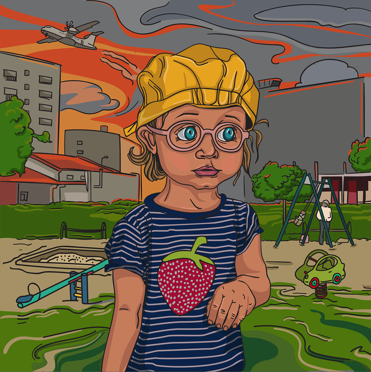 child backyard girl summer Day Vector Illustration colorful Character