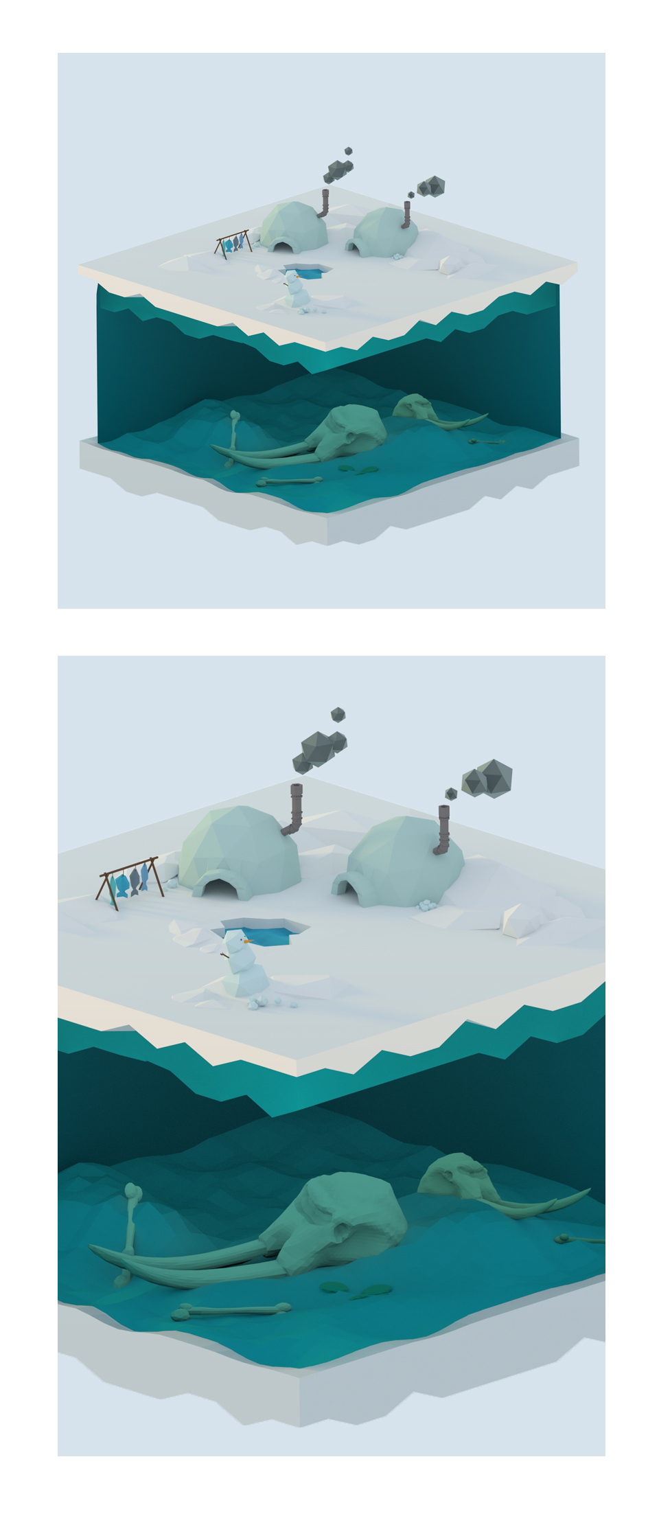 Low Poly lowpoly poly ice scene Iglo snow White blue sea water Landscape winter mammoth skull