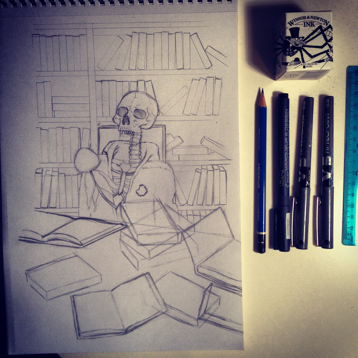 library books print sketch ink pen lines black skeleton skull Insects bugs Fly moth butterfly