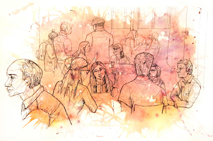 watercolor ink one line crowd people observational