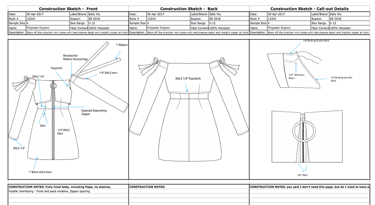 Tech Pack preproduction sourcing Illustrator Microsoft Excel Off-the-shoulder Dress