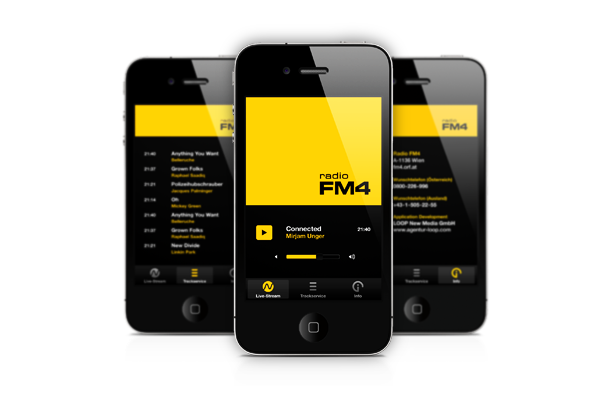 iphone app fm4 Radio yellow Minimalism stream mobile iPad App iphone iPad screemsaver trackservice orf loop UI