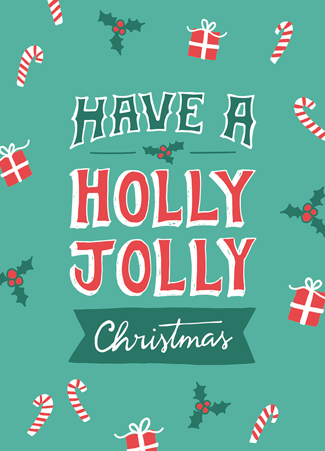 lettering Christmas joyeux merry noel greeting card Stationery holly Jolly festive bright handmade Fun green