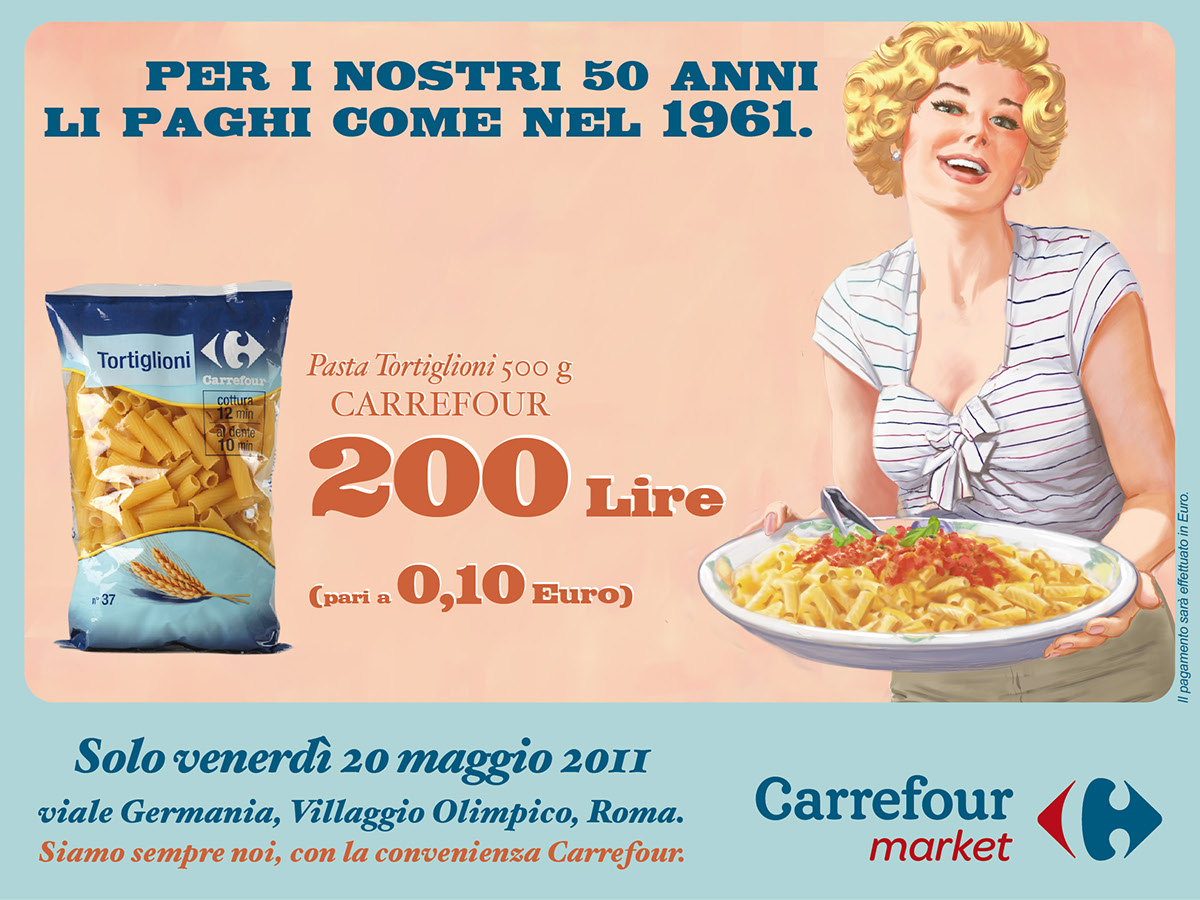 Carrefour lire euro Supermarket roma villaggio olimpico Evento vintage back